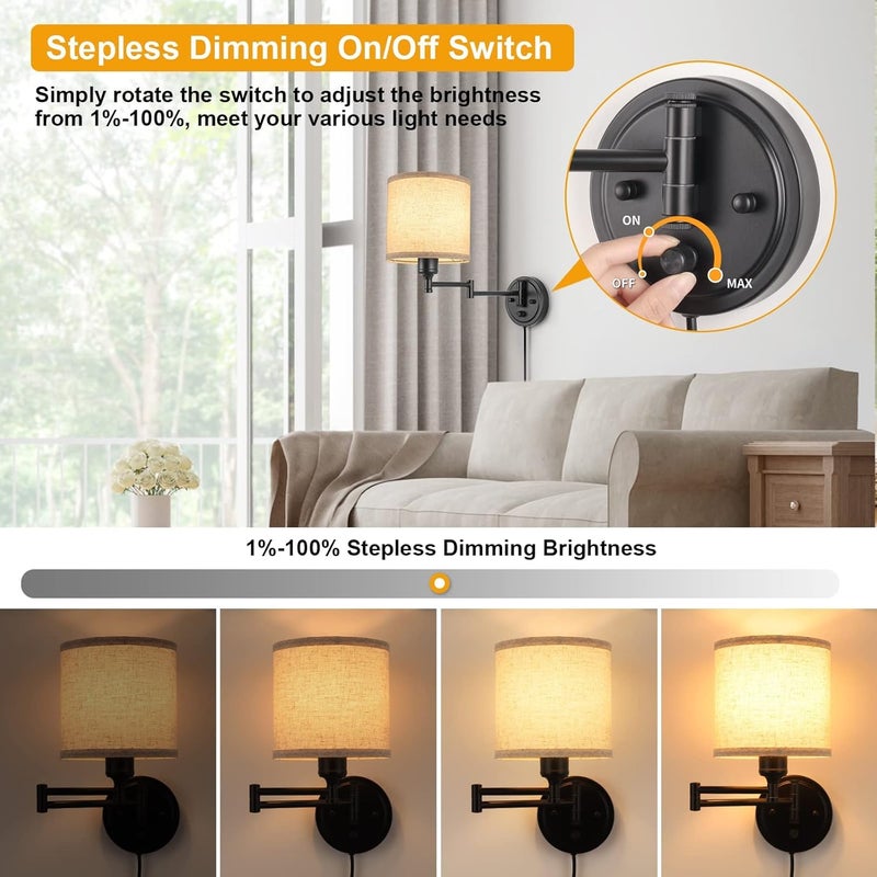 GOODATE ENCOMLI Dimmable Plug in Wall Sconces, Swing Arm Wall Lamp, Wall Sconces Set of Two, Plug in Wall Light, Sconces Wall Decor Set of 2, Linen Fabric Shade, 2pcs Bulbs Included - Image 4